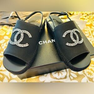 CHANEL Black Sandals with Crystal Embellishment